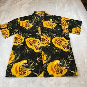 Trust Tiger Print Button Up Short Sleeve Shirt Mens‎ XL Black Yellow Bamboo